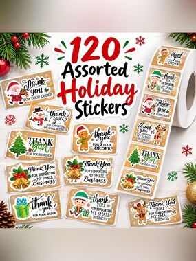 120 Holiday Thank You Sticker Roll - Festive Christmas Designs